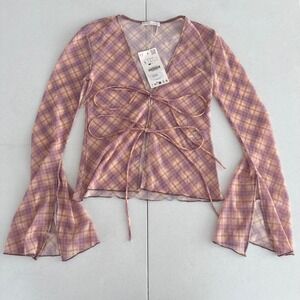 NWT Zara Mallcore Purple Plaid Mesh Tie Front Top Bell Sleeve Coquette Preppy
